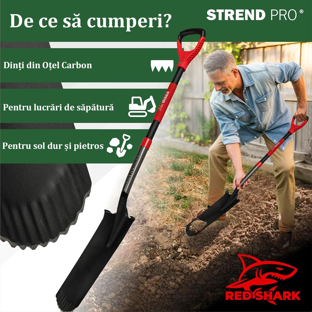 Harlet, cazma, ingust, cu varf zimtat, coada fibra de sticla, 12x40x128 cm, Strend Pro Premium RedShark