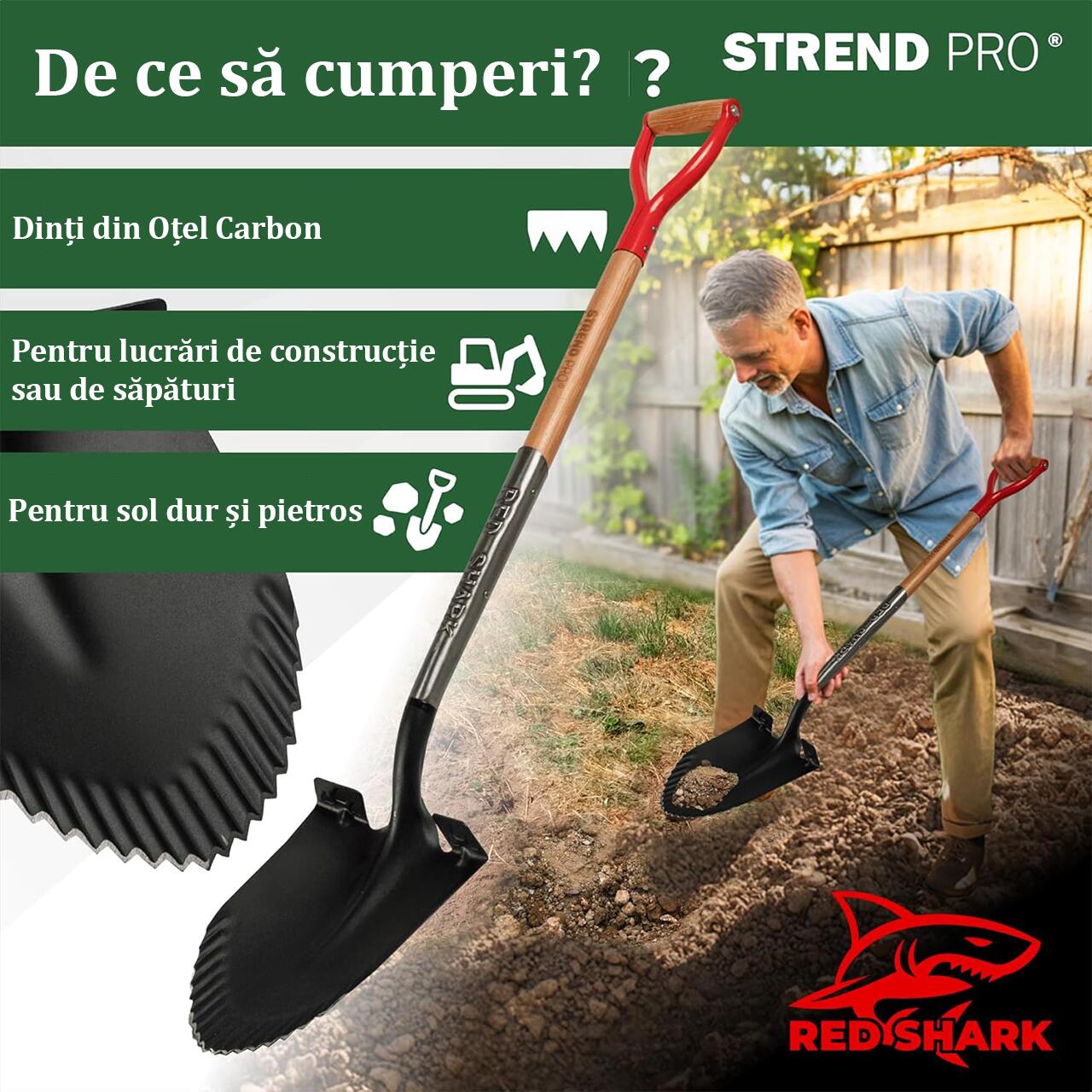 Harlet, cazma, ascutit, cu margini zimtate, coada lemn, 22x30x115 cm, Strend Pro Premium RedShark