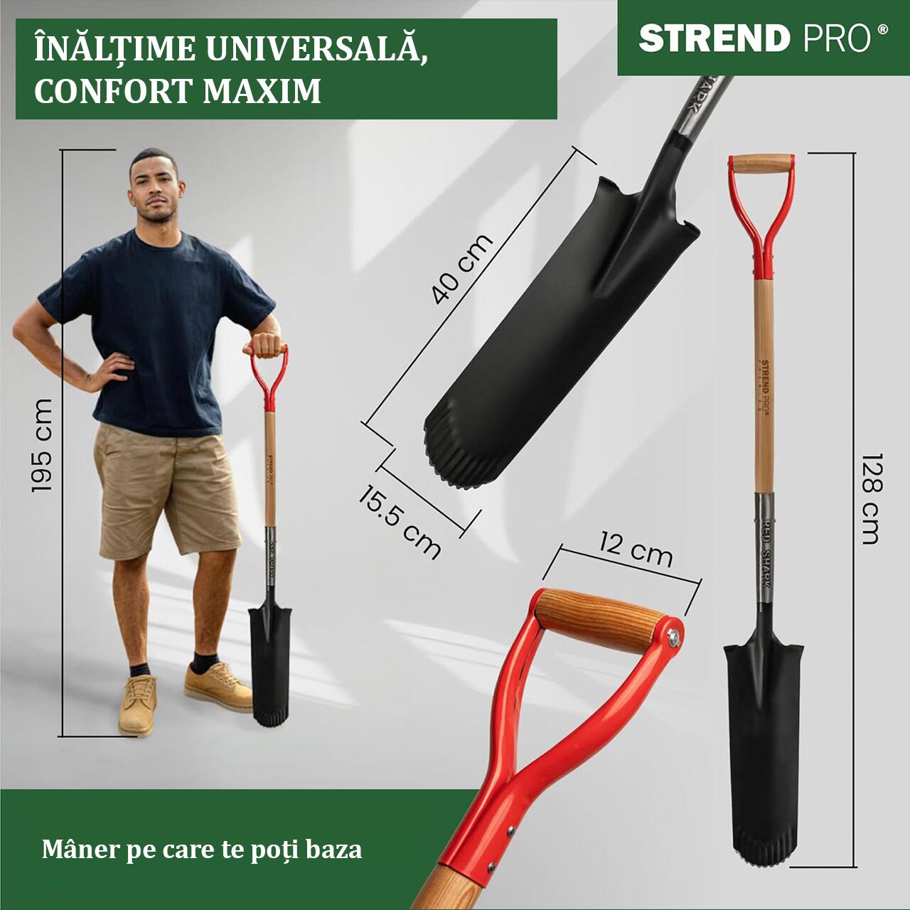 Harlet, cazma, ingust, cu varf zimtat, coada lemn, 12.5x40x128 cm, Strend Pro Premium RedShark