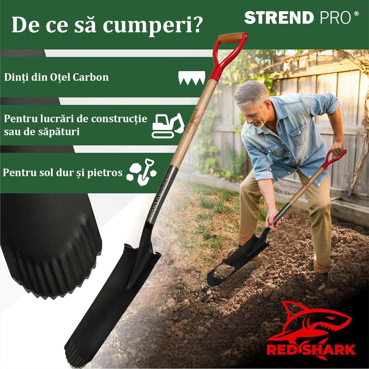 Harlet, cazma, ingust, cu varf zimtat, coada lemn, 12.5x40x128 cm, Strend Pro Premium RedShark