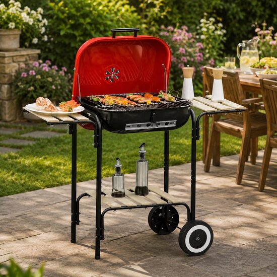 Gratar gradina cu carbuni, grill dreptunghiular, cu roti, capac, rafturi, 43 cm, 98x49x81 cm