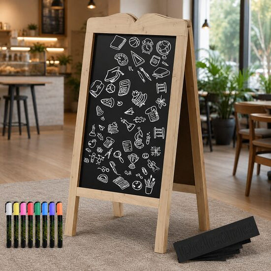 Tabla magnetica cu stergere uscata, afisaj restaurant, neagra, 8 markere, 6 sabloane, 51x42x101 cm