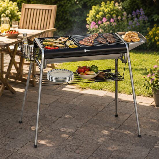 Gratar gradina/camping cu carbuni, portabil, grill dreptunghiular, cu rafturi, structura inox, 96x61x72 cm