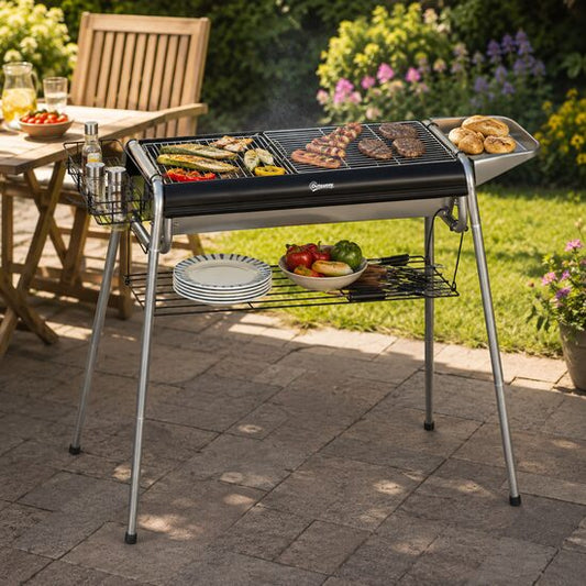 Gratar gradina/camping cu carbuni, portabil, grill dreptunghiular, cu rafturi, structura inox, 96x61x72 cm