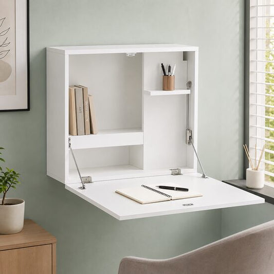 Birou de perete, suspendat, pliabil, MDF, cu raft, alb, max 40 kg, 60x21.5x50 cm
