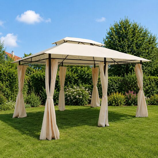 Pavilion/foisor pentru gradina/terasa, cadru metalic, cu perdele, crem, 4x3x2.65 m