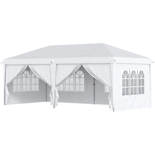 Pavilion pentru gradina/comercial, cadru metalic, material Oxford, 6 pereti, pliabil, alb, 5.85x2.95x2.70 m