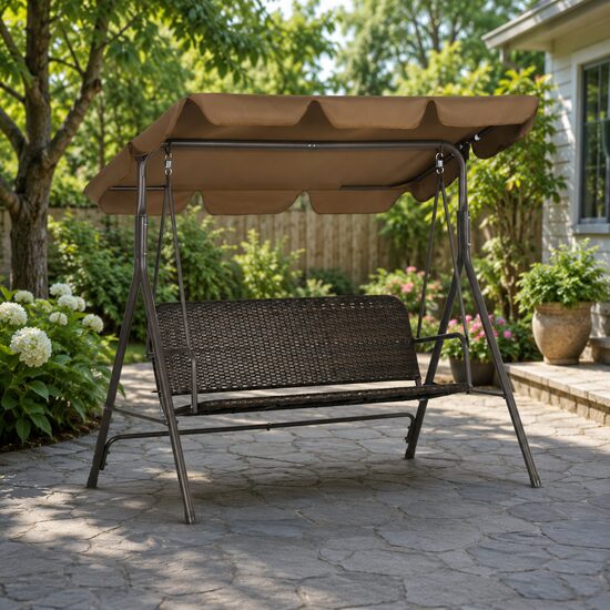 Balansoar gradina, maro si negru, 167x112x153 cm, ratan sintetic, max 240 kg, Terranova