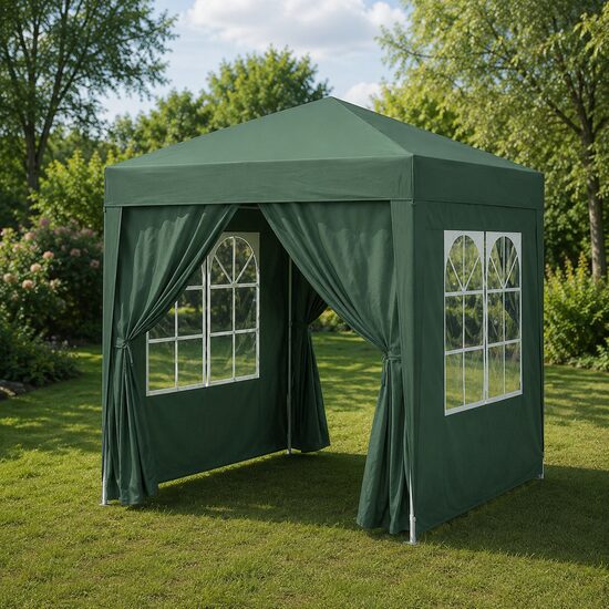 Pavilion pentru camping, cadru metalic, 4 pereti, pliabil, verde, 2x2x2.4 m