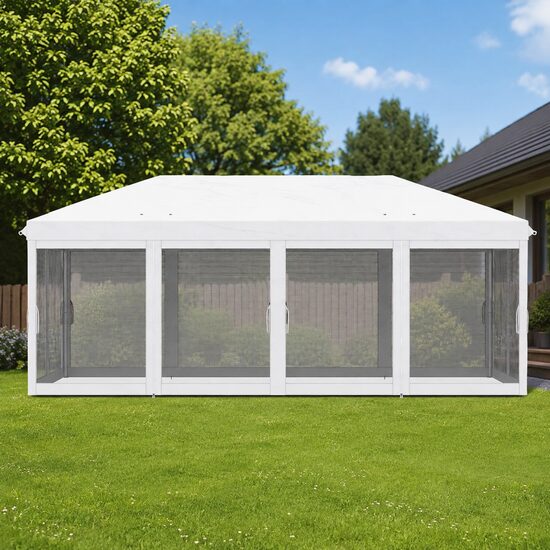 Pavilion/foisor pentru gradina/terasa, cadru metalic, cu plasa pentru insecte, alb si negru, 5.85x2.95x2.70 m