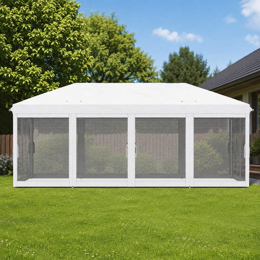 Pavilion/foisor pentru gradina/terasa, cadru metalic, cu plasa pentru insecte, alb si negru, 5.85x2.95x2.70 m