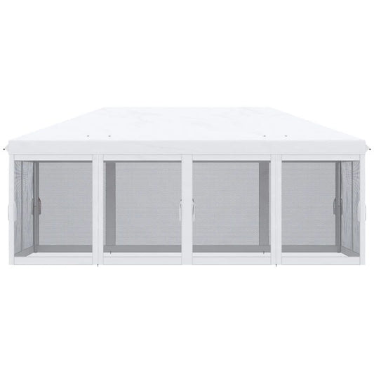 Pavilion/foisor pentru gradina/terasa, cadru metalic, cu plasa pentru insecte, alb si negru, 5.85x2.95x2.70 m