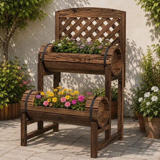 Jardiniera decorativa cu suport pentru plante cataratoare, lemn, 2 nivele, tip butoi, 49x42x80 cm