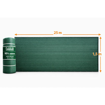 Plasa de umbrire, HDPE, 230 g/mp, grad de umbrire 95%, verde, 1.5x25 m