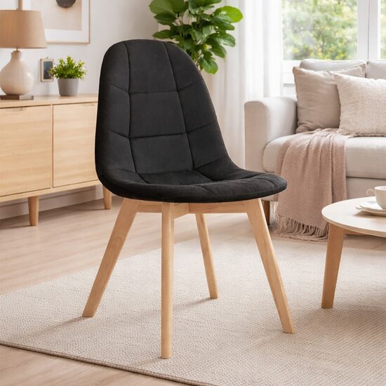 Scaun bucatarie/living, Artool, Bora, catifea neagra, picioare lemn natur, 44.5x54x81.5 cm