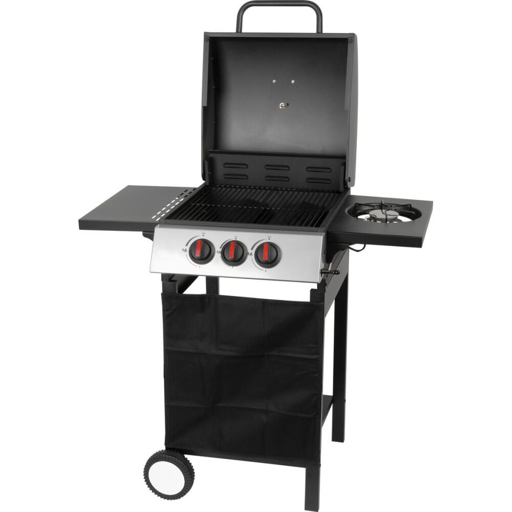 Gratar gradina, grill dreptunghiular, cu gaz, 2+1 arzatoare, cu roti, capac, rafturi, 97x60x100 cm, Valencia