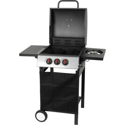 Gratar gradina, grill dreptunghiular, cu gaz, 2+1 arzatoare, cu roti, capac, rafturi, 97x60x100 cm, Valencia