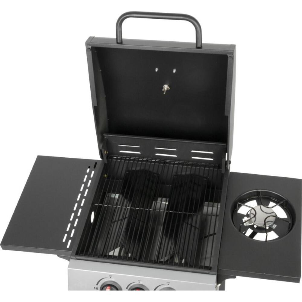 Gratar gradina, grill dreptunghiular, cu gaz, 2+1 arzatoare, cu roti, capac, rafturi, 97x60x100 cm, Valencia