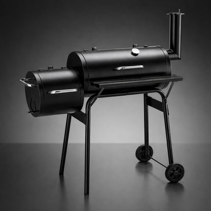 Gratar gradina, grill dreptunghiular, cu roti, capac, afumatoare si horn, 112x63x117 cm
