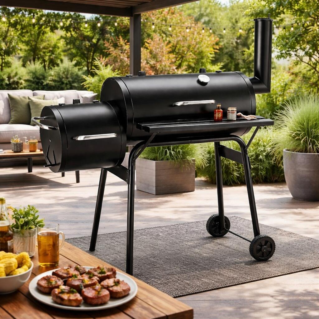 Gratar gradina, grill dreptunghiular, cu roti, capac, afumatoare si horn, 112x63x117 cm