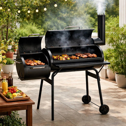 Gratar gradina, grill dreptunghiular, cu roti, capac, afumatoare si horn, 112x63x117 cm