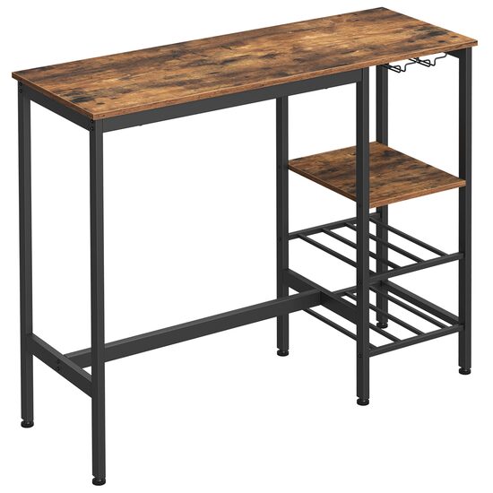 Masa pentru bucatarie/living/bar, Artool, inalta, pal, otel, cu suport pahare si sticle, 3 rafturi, maro rustic, 110x40x90 cm