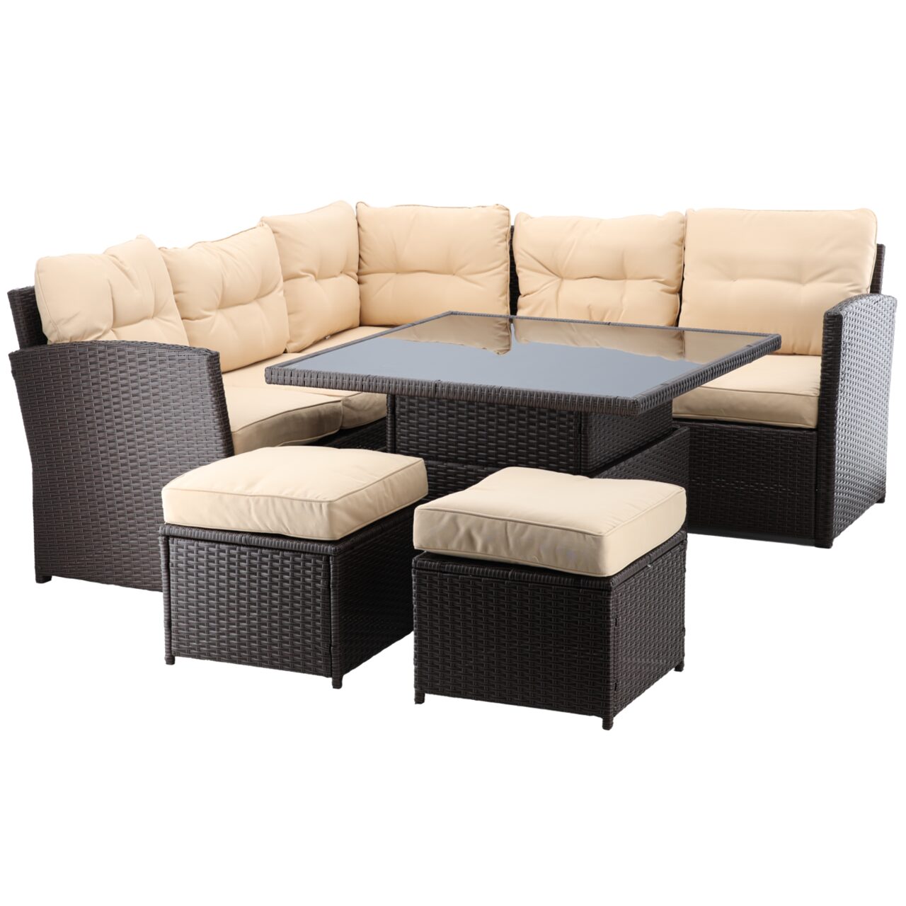Set mobilier gradina/terasa, poliratan, maro si crem, 1 masa, 2 tabureti, 1 canapea colt, Chomik, Cassy