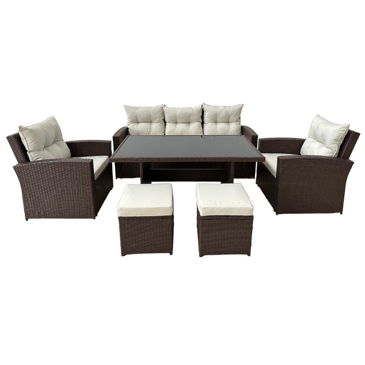 Set mobilier gradina/terasa, maro si bej, ratan sintetic, 1 masa, 2 scaune, 2 tabureti, 1 canapea, Dolores