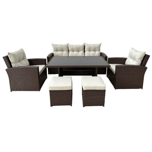 Set mobilier gradina/terasa, maro si bej, ratan sintetic, 1 masa, 2 scaune, 2 tabureti, 1 canapea, Dolores
