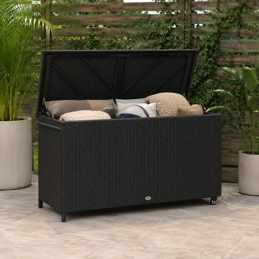 Lada depozitare de gradina, ratan sintetic, negru, max 30 kg, 121x57x67 cm