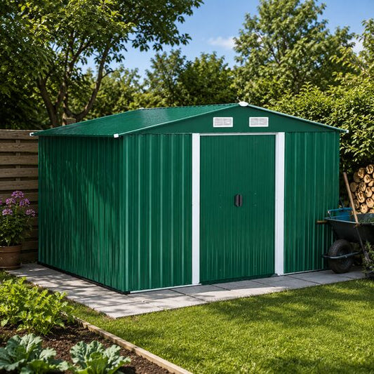 Casuta/magazie/sopron de gradina pentru depozitare unelte, cu structura baza inclusa, otel si PP, verde, 258x206x178 cm