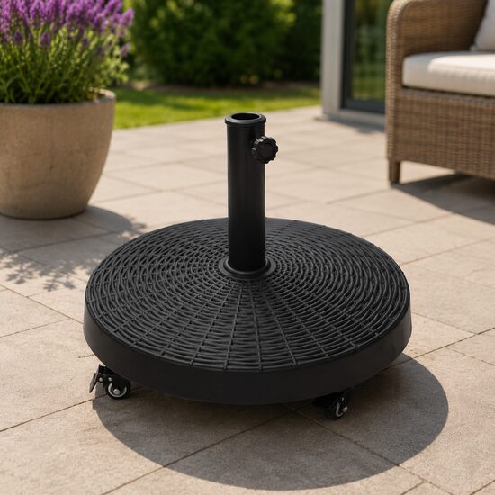 Suport pentru umbrela 38-48 mm, cu roti, rotund, HDPE, imitatie ratan, negru, 52x41 cm