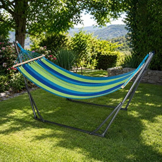 Hamac bumbac cu suport otel, geanta, albastru si verde, dungi, 188x62 cm