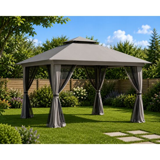 Pavilion/foisor pentru gradina/terasa, pliabil, cu inaltime ajustabila, material Oxford, cadru metalic, plasa insecte, 4 contragreutati, gri, 3.92x3.92x2.83 m