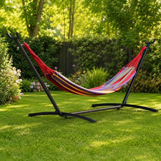 Hamac bumbac cu suport otel, husa, multicolor, dungi, 200x150 cm