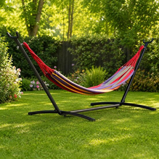Hamac bumbac cu suport otel, husa, multicolor, dungi, 200x150 cm