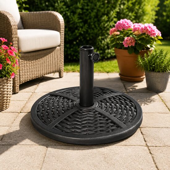 Suport pentru umbrela 38-48 mm, rotund, HDPE, imitatie ratan, negru, 45x33 cm