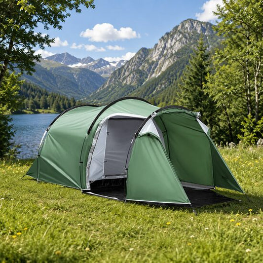Cort camping, 2-4 persoane, impermeabil, cu vestibul, geanta, verde, 426x206x154 cm