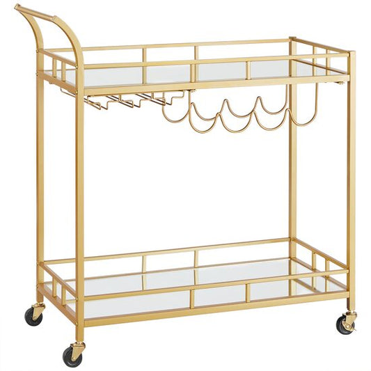 Carucior servire, raft mobil pentru bucatarie, Artool, pe roti, otel, sticla, cu suport pahare si sticle, auriu, 86x38x90 cm