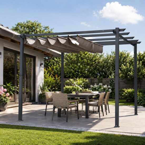 Pergola pentru gradina/terasa, retractabila, cadru aluminiu, gri si maro, 3x3x2.23 m