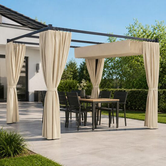 Pergola pentru gradina/terasa, retractabila, cu perdele, cadru metalic, negru si bej, 3x3x2.27 m