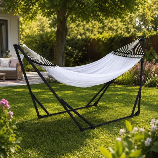Hamac poliester cu suport otel, husa, alb, 263x89x100 cm