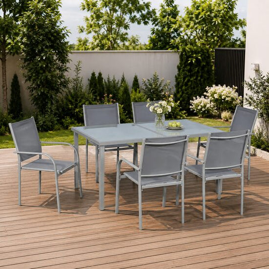 Set mobilier gradina/terasa, aluminiu, blat sticla, gri si argintiu, 1 masa, 6 scaune, Sway