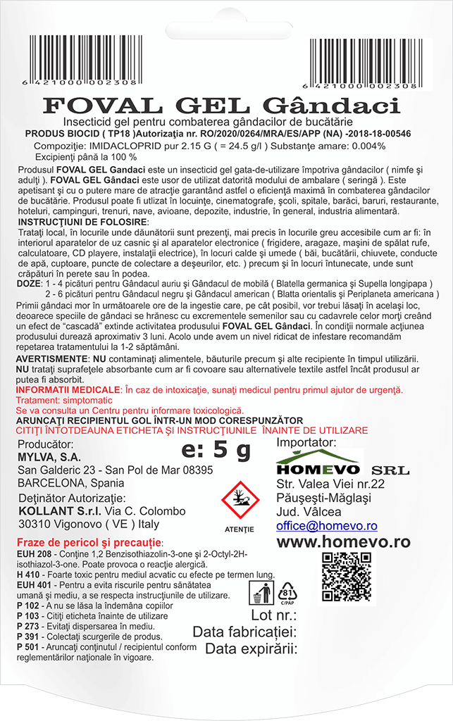 HOMEVO FOVAL GEL GANDACI 5G - Insecticid cu Imidacloprid - Remanenta 90 Zile, Acopera 70 mp