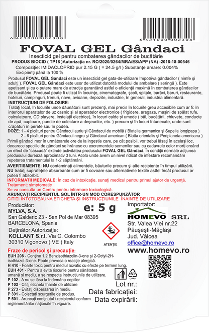 HOMEVO FOVAL GEL GANDACI 5G - Insecticid cu Imidacloprid - Remanenta 90 Zile, Acopera 70 mp