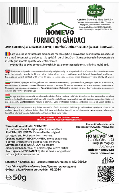 HOMEVO FURNICI SI GANDACI 50G - Pulbere BIO cu Diatomita si Zeolit - Actiune Mecanica, Fara Substante Chimice