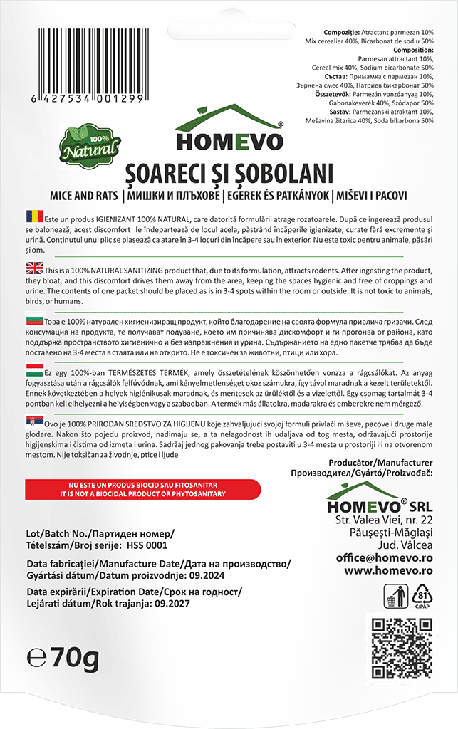 HOMEVO SOARECI SOBOLANI 70G Produs Natural - Alunga Fara sa Omoare - Bicarbonat si Atractant Parmezan