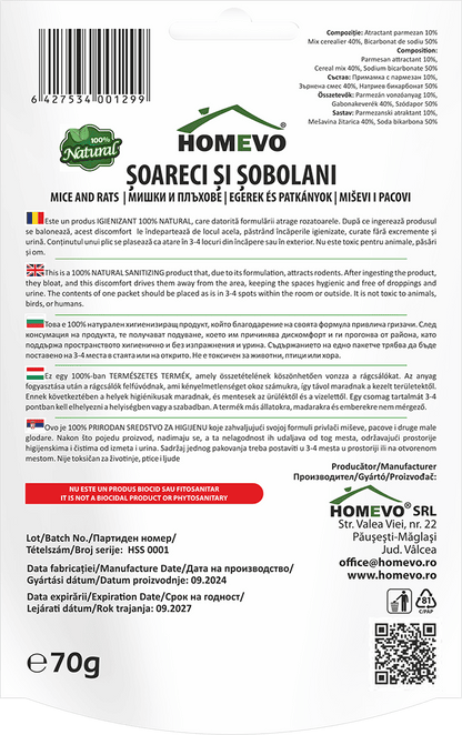 HOMEVO SOARECI SOBOLANI 70G Produs Natural - Alunga Fara sa Omoare - Bicarbonat si Atractant Parmezan