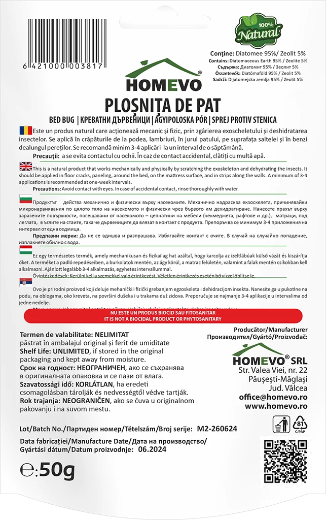 HOMEVO PLOSNITE PAT 50G - Insecticid Bio Mecanic prin Deshidratare - Sigur pentru Saltele