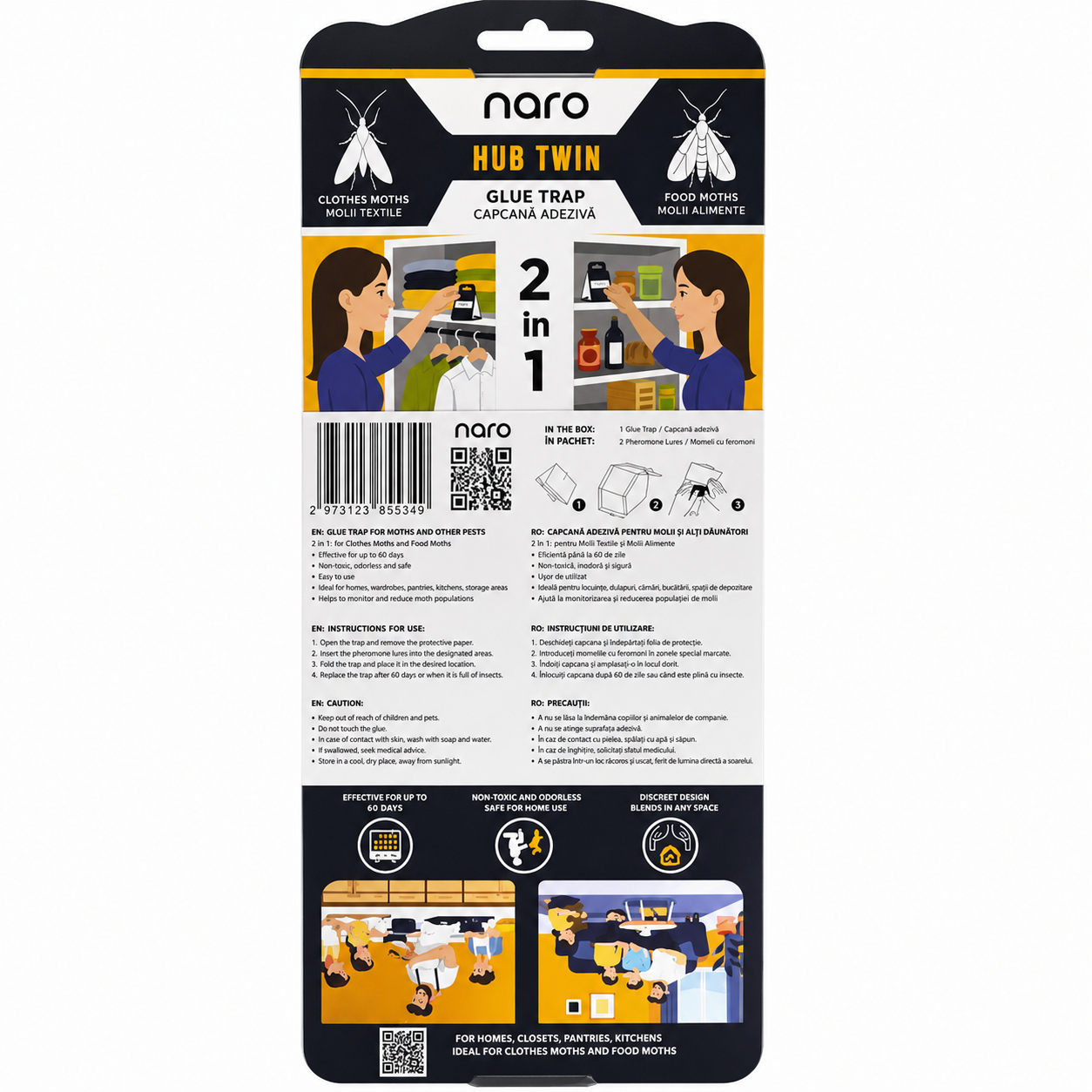Naro HUB Twin - Capcana Adeziva pentru Molii Textile si Molii de Alimente (Set 3 Bucati)